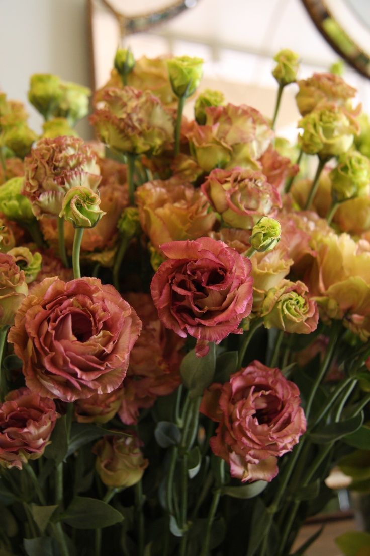 a vase filled with pink and yellow flowers on top of a wooden table next to a mirror