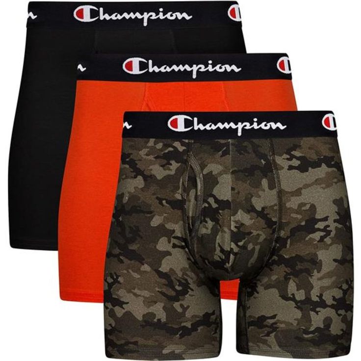 95% Cotton, 5% Spandex Imported Pull On Closure Machine Wash More Bang For The Buck - Boxer Briefs For Men Pack Includes 3 Pairs Of Men’s Cotton Boxer Briefs With Branded Waistbands. Colors Include Orange, Black, And Camo All-Over Print. Stretch Support - Boxer Brief Underwear Is Made From A Blend Of Polyester And Spandex For Just The Right Stretch And Light Compressive Support. Moisture Management - Stay Fresher And Drier With Moisture-Wicking Men’s Underwear. Control The Oder - Made Of Fabric Everyday Stretches, Champion Brand, Black Oxfords, Athletic Apparel, Camo Print, Boxer Briefs, Black Orange, Moisture Wicking Fabric, Stretch Cotton