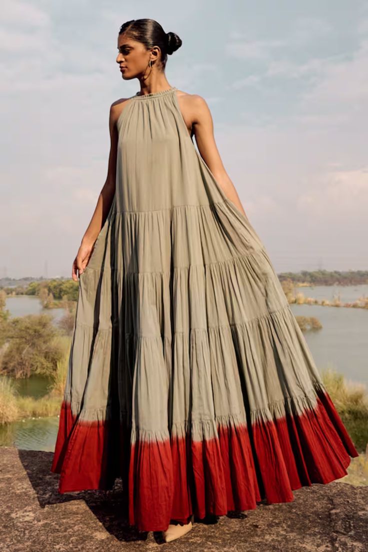 Women Dresses - Buy Designer Dress for Women Online Cotton Frill Frocks For Women, Mul Mul Cotton Dress, Mul Cotton Dresses, Tiered Maxi Dress Outfit, Frills Frock, Gather Dress Pattern, Layered Frock, Red Dip Dye, Sleeveless Frock