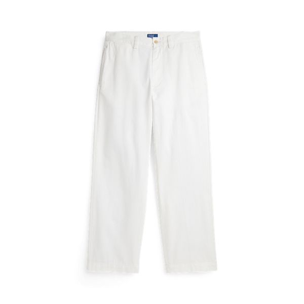 A borrowed-from-the-boys classic these cotton chino pants are tailored for a straight-leg silhouette with back waist darts and a clean hem. Chino Cotton Twill Straight Leg Work Pants, Chino Cotton Twill Work Pants, Chino Cotton Twill Work Pants Straight Leg, Ankle-length Chino Cotton Twill Chinos For Work, Ankle-length Chinos For Workwear, Classic White Jeans For Work, Workwear Straight Chinos In Chino Cotton Twill, Straight Fit Chino Cotton Twill Work Pants, Classic Straight Chinos With Five Pockets