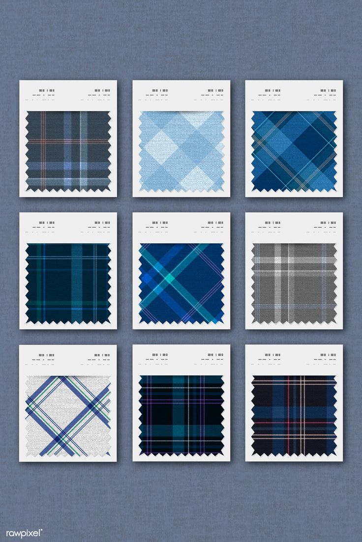 six different plaid patterns are shown in blue and grey colors, with the same pattern on each