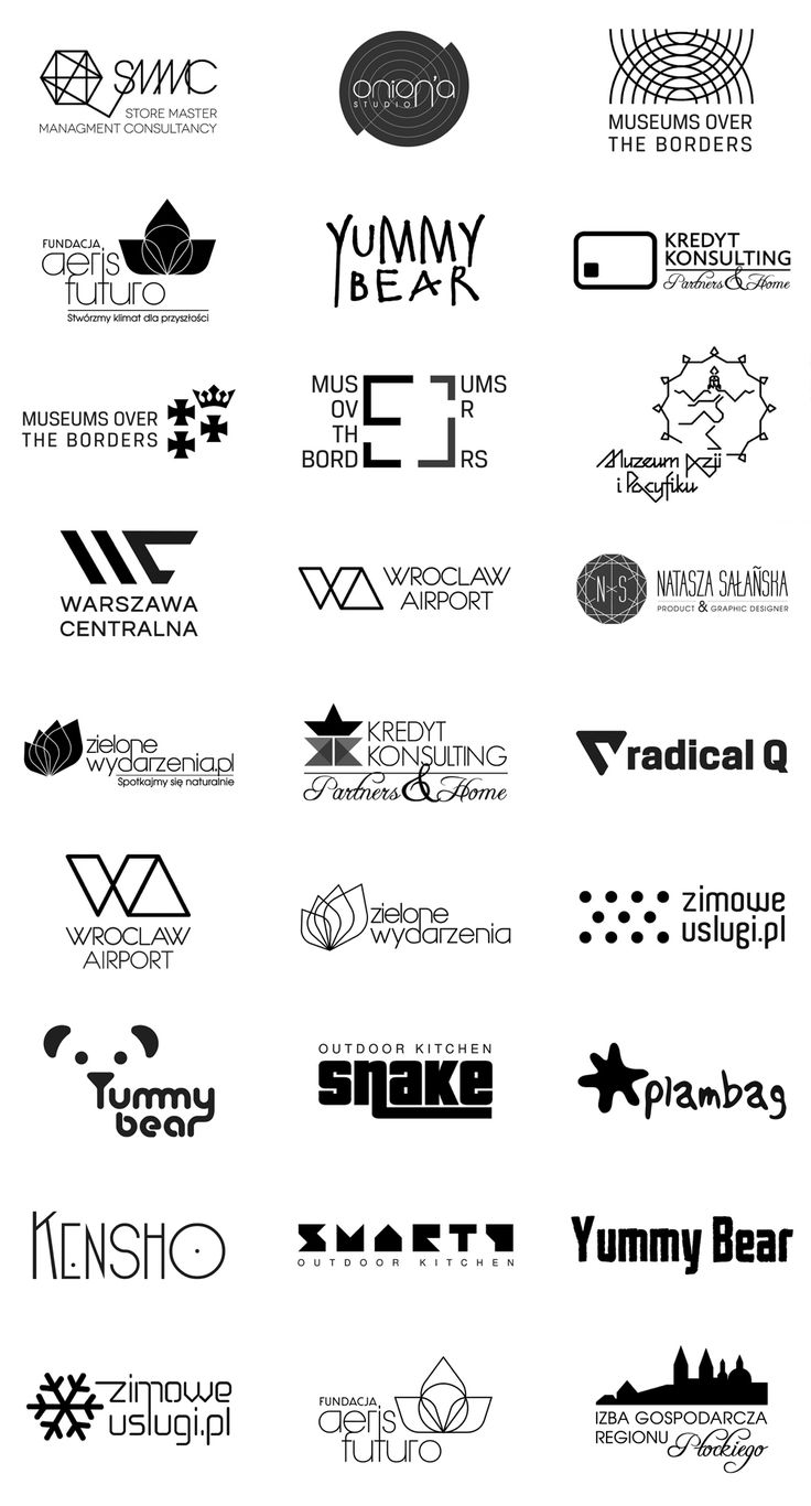 many different types of logos are shown in black and white, including one for the company