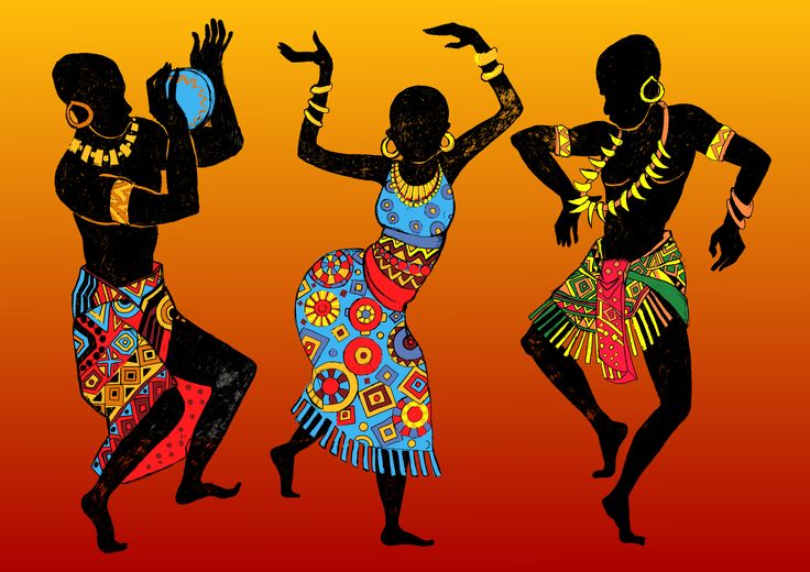 three african dancers in silhouette on an orange background