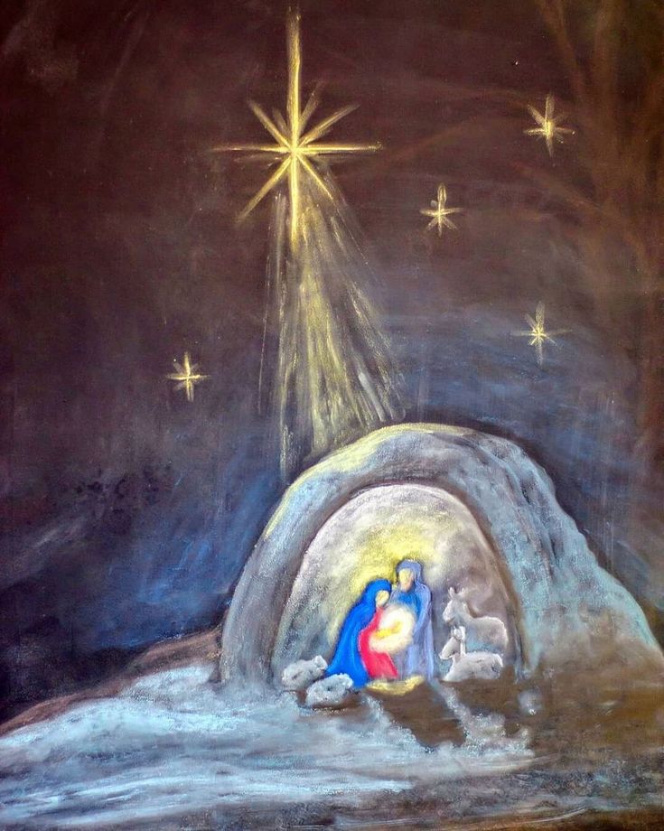 a painting of a manger scene with the birth of jesus