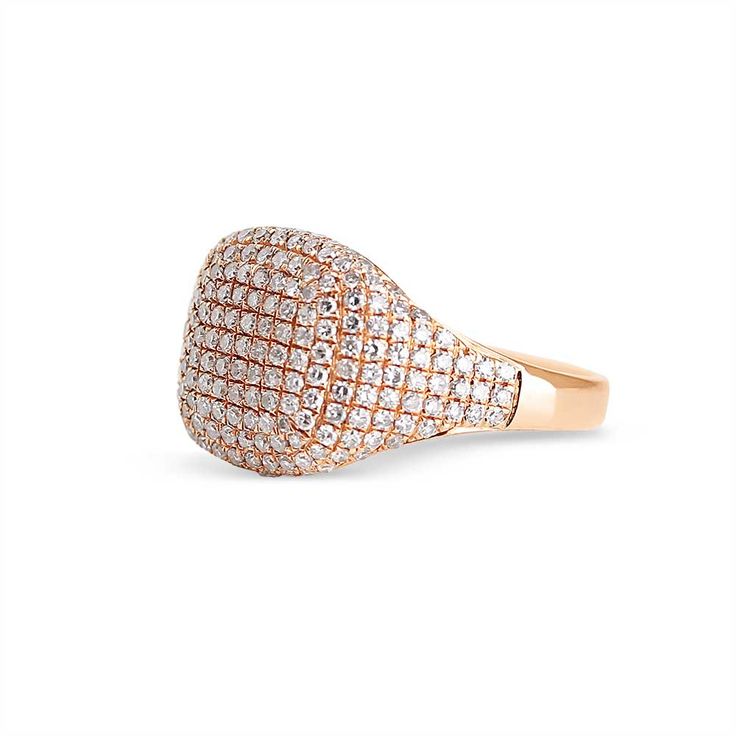 14K Gold Pavé Diamond Cushion Signet Ring Our 14K Gold Pavé Diamond Cushion Signet Ring is a stunning take on the traditional solid gold signet ring. Elevate your ring game with this stunning pavé diamond cushion signet ring! Available in yellow, white, and rose gold Please have your finger sized professionally by your local jeweler prior to placing your order as all sales are final. If you are not confident in your ring size, we suggest sizing up to allow for any necessary adjustments. Measurem Luxury Signet Ring With Diamond Accents, Luxury Diamond Signet Ring, Luxury Signet Ring With Rose Cut Diamonds, Formal Rose Gold Diamond Signet Ring, Luxury Dome Ring For Promise With Diamond Cut, Luxury Dome Ring With Pave Setting As Gift, Luxury Dome Ring With Pave Setting For Gift, Luxury Oval Dome Ring With Pave Setting, Luxury Dome Promise Ring With Diamond Cut