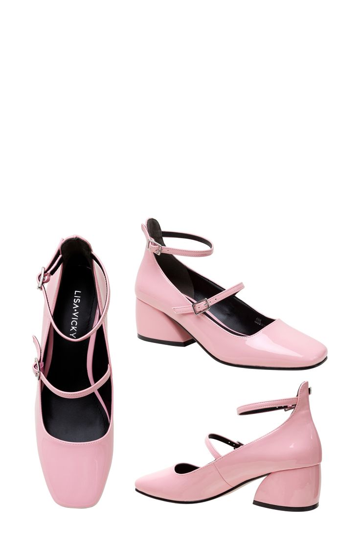 Adjustable straps at the ankle and instep lend retro-inspired appeal to a poised pump balanced by a squared-off toe and sculptural block heel. 2" heel Cushioned footbed Slip-resistant sole Synthetic upper and lining/rubber sole Imported Pink Low Heel Mary Jane Heels, Pink Mary Jane Low Heels, Spring Mary Jane Block Heels With Buckle, Spring Court Shoes With Stacked Heel And Square Toe, Chic Mary Janes With Stacked Heel And Pointed Toe, Retro Heels With Ankle And Heel Straps, Retro Heels With Heel And Ankle Straps, Spring Square Toe Court Shoes With Stacked Heel, Retro Ankle Strap Mary Janes For Spring