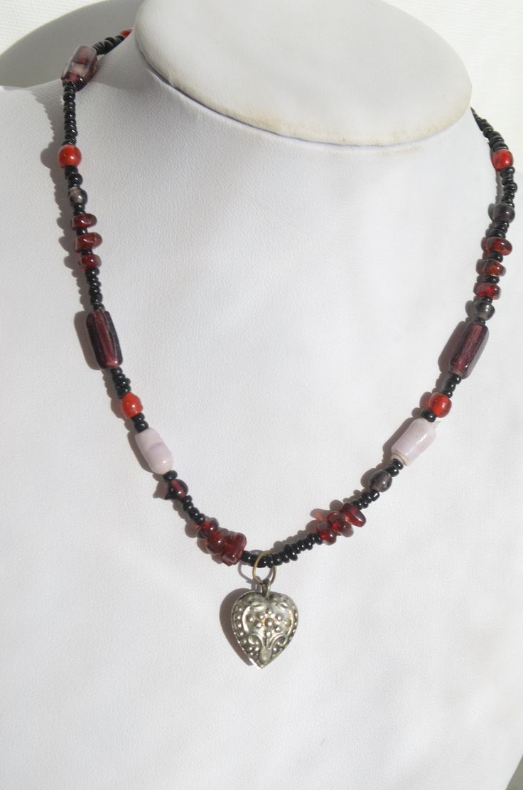 "For sale is a beautiful handmade silver flower heart red purple glass pendant beaded necklace. It is in very good condition.  Approximately 16\" long, weighs 14 grams.  Shipping & Handling: We usually ship within 1 business day. If you have any questions about this item, please contact us for more details. I do offer international shipping, but please message me first before purchasing so I can make a separate listing for you! S2" Silver Beaded Necklaces For Valentine's Day, Spiritual Heart-shaped Beaded Necklaces As Gift, Silver Heart Pendant For Jewelry Making, Silver Heart Pendant Beaded Necklaces For Jewelry Making, Heart Shaped Silver Beads Jewelry Gift, Silver Heart-shaped Gemstone Beads Jewelry, Silver Heart-shaped Beaded Necklace For Gift, Silver Heart-shaped Jewelry With Gemstone Beads, Silver Heart Jewelry With Gemstone Beads