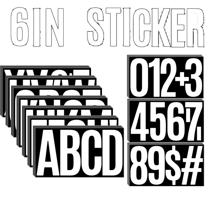 six black and white stickers with the words abcd, 8in x 3 5in