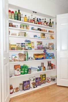 an organized pantry with lots of food on the shelves