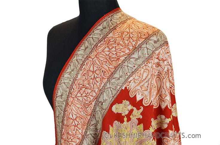 Kashmir embroidered shawls are world famous for their embroidery, beauty, texture a design. Opulence and mystique are the hallmark of hand embroidered Kashmir shawls. The elegance of this beautiful paisley design shawl is an epitome of class displayed by the lustrous natural sheen of hand embroidery. There is nothing like the experience of Jamawar. Luxury presents itself to the mind on many levels. You see it, you touch it, you feel it, you resonate with it. View additional pictures to see the i Red Pashmina Shawl With Traditional Patterns, Elegant Red Pashmina Shawl With Traditional Patterns, Elegant Red Pashmina Shawl In Traditional Drape, Red Pashmina Shawl With Motifs And Traditional Drape, Red Pashmina Shawl With Motifs In Traditional Drape, Red Pashmina Dupatta With Resham Embroidery, Red Silk Shawl With Zari Work, Red Shawl With Embroidered Border In Traditional Drape, Red Embroidered Shawl With Traditional Drape