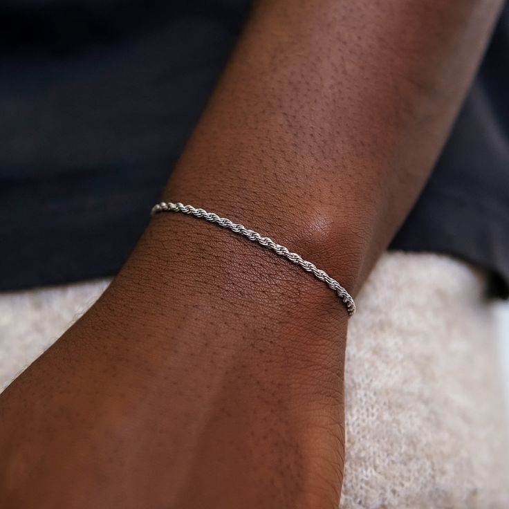 The Rope Bracelet in White Gold- 2mm features a bold yet simple twisted design that can be worn with any outfit, day or night. Pick it up with a matching 2mm Rope Chain in 14k White Gold and it's sure to take your look to the next level. Upgrade your fit with the perfect drip! This product is guaranteed for life – GLD will repair or replace the item should you experience any defects in craftsmanship or breakage. Specifications - Width: 2mm - Length: 6", 7", 8", & 9" - Weight: (Weight can vary +/ White Gold Chains, White Gold Bracelet, Vermeil Jewelry, Gold Bracelet Chain, Custom Earrings, Gold Plated Bracelets, Pendant Bracelet, Drop Necklace, Rope Chain