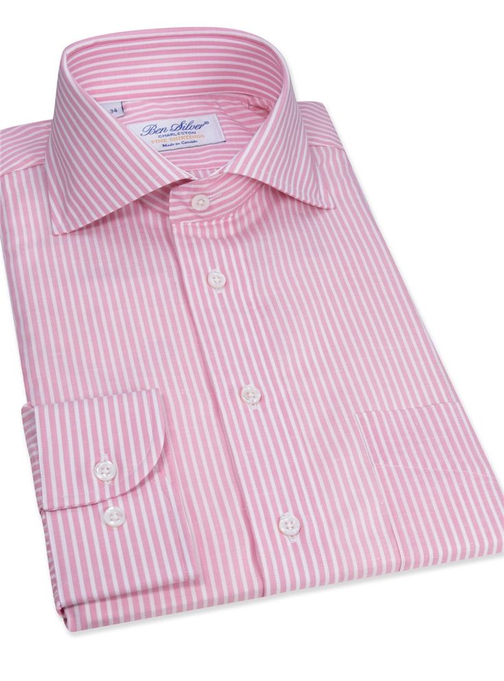 Cotton and Linen Pink and White Stripe Cutaway - The Ben Silver Collection Summer Pink Cotton Dress Shirt, Spring Business Pinstripe Dress Shirt, Spring Formal Dress Shirt With Striped Collar, Pink Dress Shirt For Summer Workwear, Summer Pink Dress Shirt For Work, Pink Summer Dress Shirt For Work, Pink Summer Workwear Dress Shirt, Spring Striped Dress Shirt With Spread Collar, Classic Striped Summer Dress Shirt