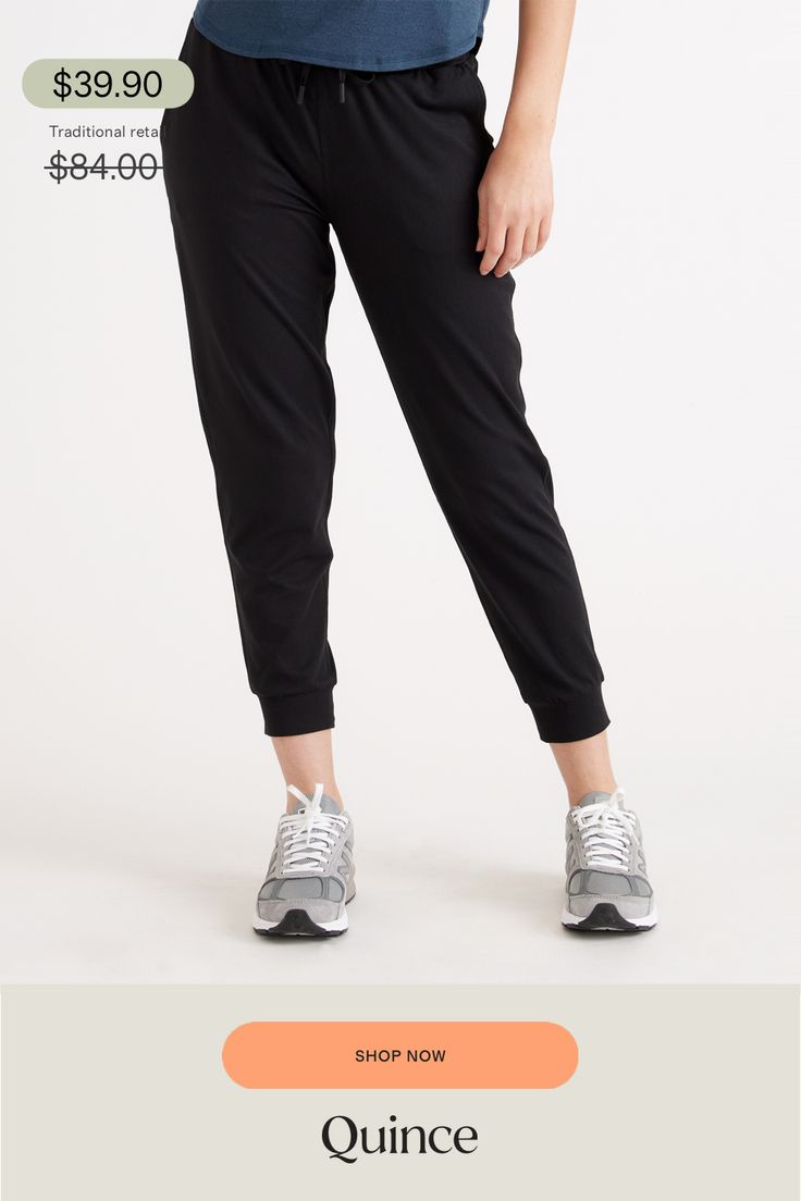 Our favorite performance joggers are a slim fit with the perfect amount of stretch for ultimate comfort. Thick drawstrings, cuffed ankles, and two pocket design give them a premium feel. Our Flowknit fabric is made from Global Recycle Standard poly yarn, which diverts and recycles plastics destined for landfill or the ocean, so you can feel and look good in what you wear.  | Quince | Women's Super Soft Performance Joggers in Black, Flowknit Activewear, Size Medium, Recycled Polyester Everyday Pants, Lifestyle Shop, Daily Workout, Quince, Active Wear For Women, Daily Wear, Mid Rise, Everyday Wear, Active Wear