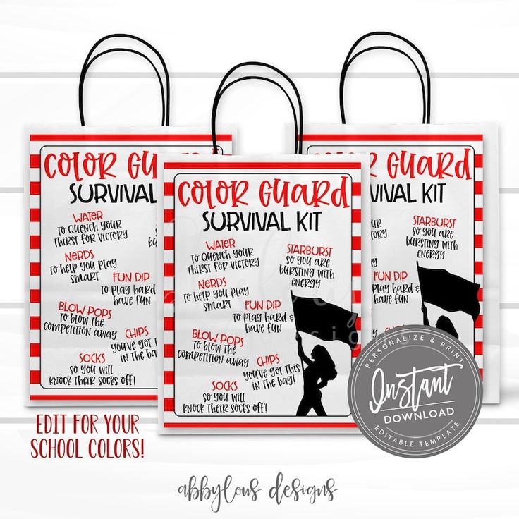 two red and white shopping bags with the words, color guard survival kit