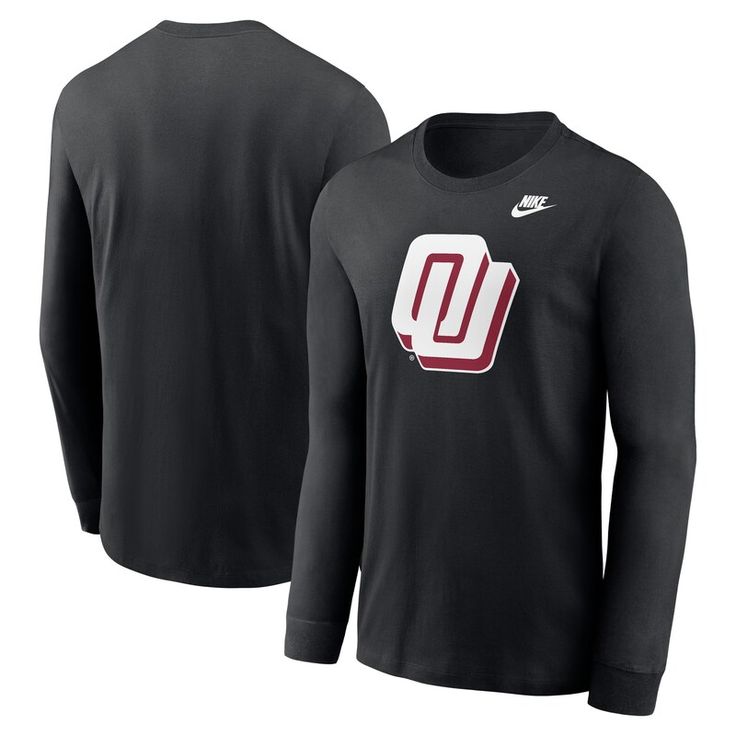 Add a touch of modern style to your Oklahoma Sooners game day look with this Nike Alternate Logo Long Sleeve T-Shirt. Made from breathable 100% cotton, this tee keeps it cool and comfy whether you're cheering from the sidelines or hanging out with fellow fans. The bold screen-printed alternate team logo across the chest makes a statement about your Oklahoma Sooners pride. Nike Collegiate Long Sleeve T-shirt, Fall Varsity T-shirt With Logo Print, Game Day Graphic Tee With Long Sleeves, Sporty Long Sleeve T-shirt With Team Logo, Nike Crew Neck Tops For Football Season, Sports Fan Long Sleeve T-shirt With Team Logo, Nike Sporty T-shirt For Game Day, Casual Moisture-wicking T-shirt For Game Day, Nike Fan Apparel Tops For Football Season