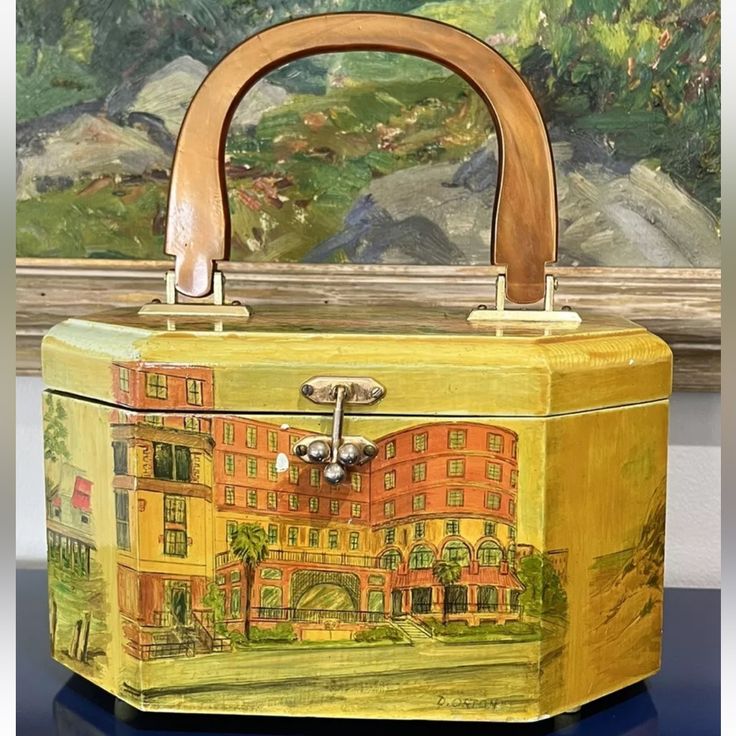 Floral Building Scenic Wood Box Purse Handbag Bag Pink Orange Green Vtg 60s 70s Vtg 1960s 1970s. Handmade Would Also Make A Cute Makeup Case. Design On All 4 Sides. Lucite Handle. Velvet Lining. Gold Hardware. Mirror On Inside Of Lid. No Fading, Stains, Rips, Tears, Or Holes. See Pictures For Additional Details Of Condition. Smoke Free Home. Measurements Are Approximate: Width - 9.75” (At Widest Part) Height - 5” (Not Including Handle) Depth - 7” (At Deepest Part) Vintage Rectangular Box Bag For Shopping, Vintage Box Bag With Detachable Handle, Vintage Rectangular Box Bag For Travel, Retro Rectangular Case Bag For Gifts, Vintage Rectangular Box Bag For Gift, Retro Top Handle Box Bag For Shopping, Retro Top Handle Box Bag For Travel, Retro Rectangular Box Bag Gift, Vintage Pink Bags