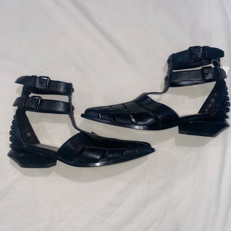 Alexander Wang Genuine Leather Black Pointed Toe Gladiator Style Sandals *New* Size 36 (American 6) Black Punk Sandals With Round Toe, Pointed Toe Heel Strap Sandals In Faux Leather, Spring Punk Sandals With Buckle Closure, Punk Leather Sandals For Summer, Punk Style Leather Sandals For Summer, Black Punk Heels With Buckle Closure, Black Leather Punk Sandals, Leather Sandals With Buckle Closure For Fall, Black Heels For Spring Concert