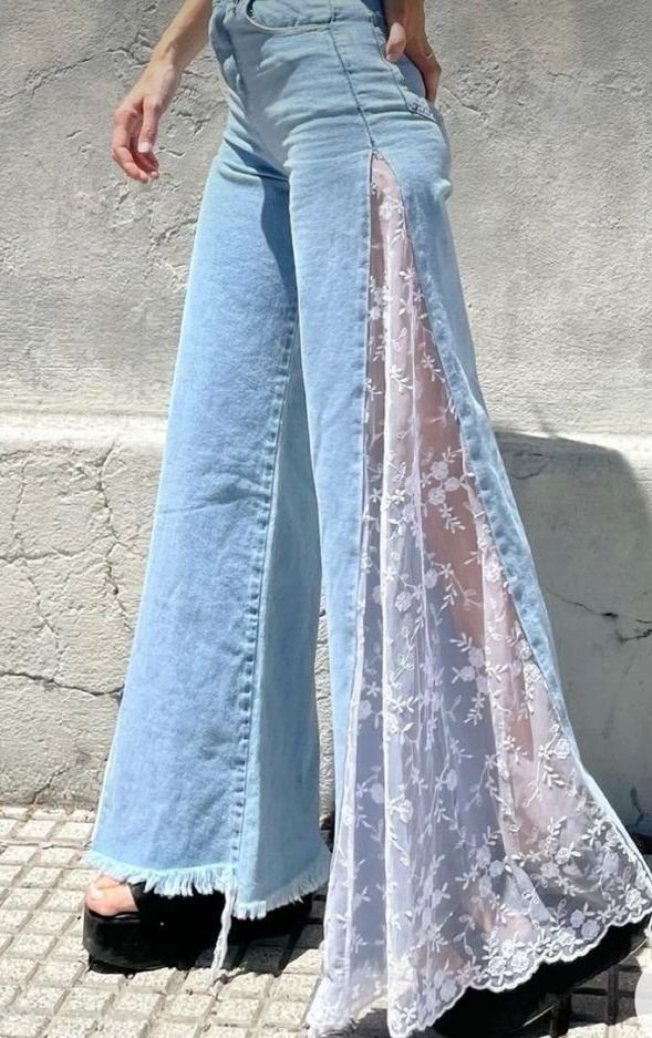 Upcycled Womens Clothing, Thrifted Outfits Aesthetic Summer, Jeans Makeover Diy, Lacy Jeans, Fashion Inspo Outfits 2024 Summer, Lacy Aesthetic, Pants With Designs, Lacy Outfits, Thrift Upcycle Clothes