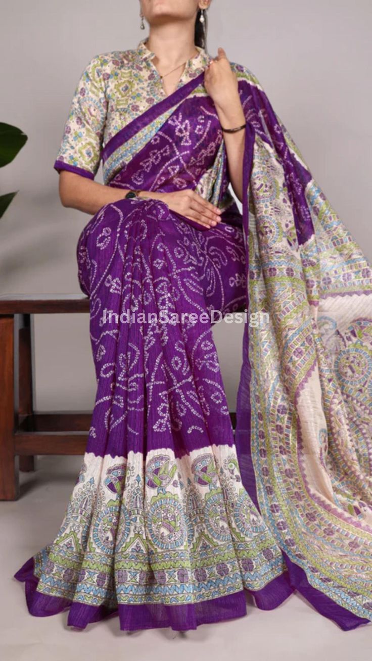 Latest Designer Fusion Print Of Madhubani And Bandhej Purple Coloured Indian Saree For Women. Saree Details: Fabric: Green Silk Work: Fusion Print of Madhubani and Bandhej Length: 5.5 meters Blouse: Unstitched Blouse Fabric: Green Silk Blouse Work: Madhubani Print Bohemian Chanderi Pre-draped Saree For Navratri, Bohemian Handloom Pre-draped Saree, Multicolor Bandhani Print Pre-draped Saree, Multicolor Pre-draped Bandhani Saree For Transitional Season, Bohemian Bandhani Print Saree For Transitional Season, Fitted Multicolor Bandhani Print Saree, Transitional Multicolor Pre-draped Saree With Bandhani Print, Bohemian Chanderi Blouse With Bandhani Print, Bohemian Bandhani Print Chanderi Blouse Piece