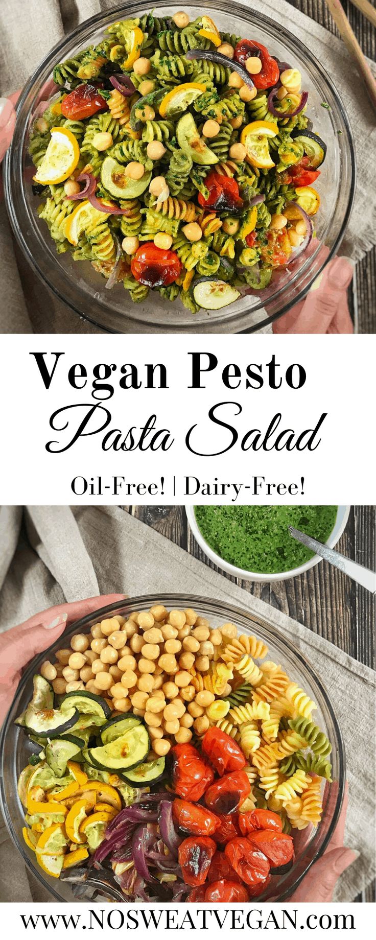 vegan pesto pasta salad in a glass bowl