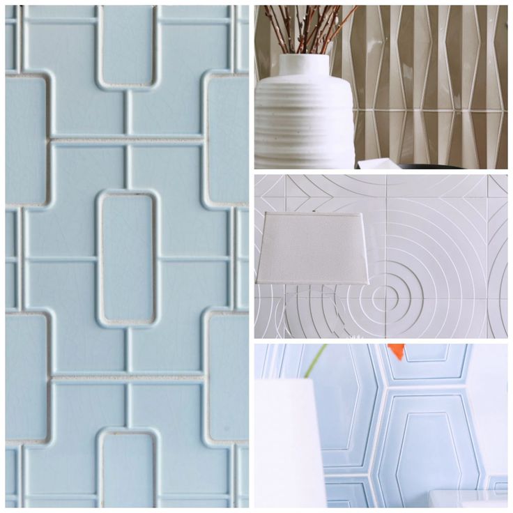 four different pictures with white vases and light blue wallpaper, one in the shape of wavy lines