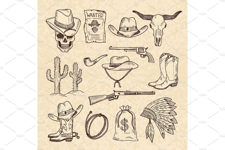 hand drawn set of western items