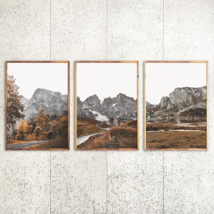 three framed photographs hanging on the wall in front of a concrete wall with mountains and trees