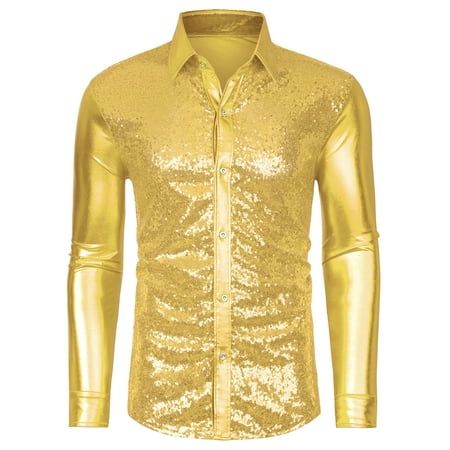 Long sleeves, sequin design, and sparkling make you eye-catching in the crowd. The classic button-down party shirt and slim tailoring perfectly show your charm. This sequined shirt is matched with a bow tie, trousers, shirt, blazer, and tuxedo to create a bright and handsome appearance. Suitable for multiple occasions, nightclubs, performance costumes, birthday parties, hip-hop, music festivals, Christmas, Halloween, role-playing, etc. Measurement (in inches) International Size----------Chest Gi Gold Long Sleeve Party Top, Gold Long Sleeve Top For Party, Metallic Long Sleeve Top With Sequins, Fitted Disco Shirt For Party, Fitted Disco Style Party Shirt, Fitted Disco Party Shirt, Gold Button-up Top For Night Out, Slim Fit Party Shirt For Fall, Fitted Long Sleeve Shirt For Costume Party