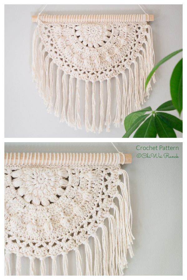 crocheted macrame wall hanging made with cotton yarn and wooden dows