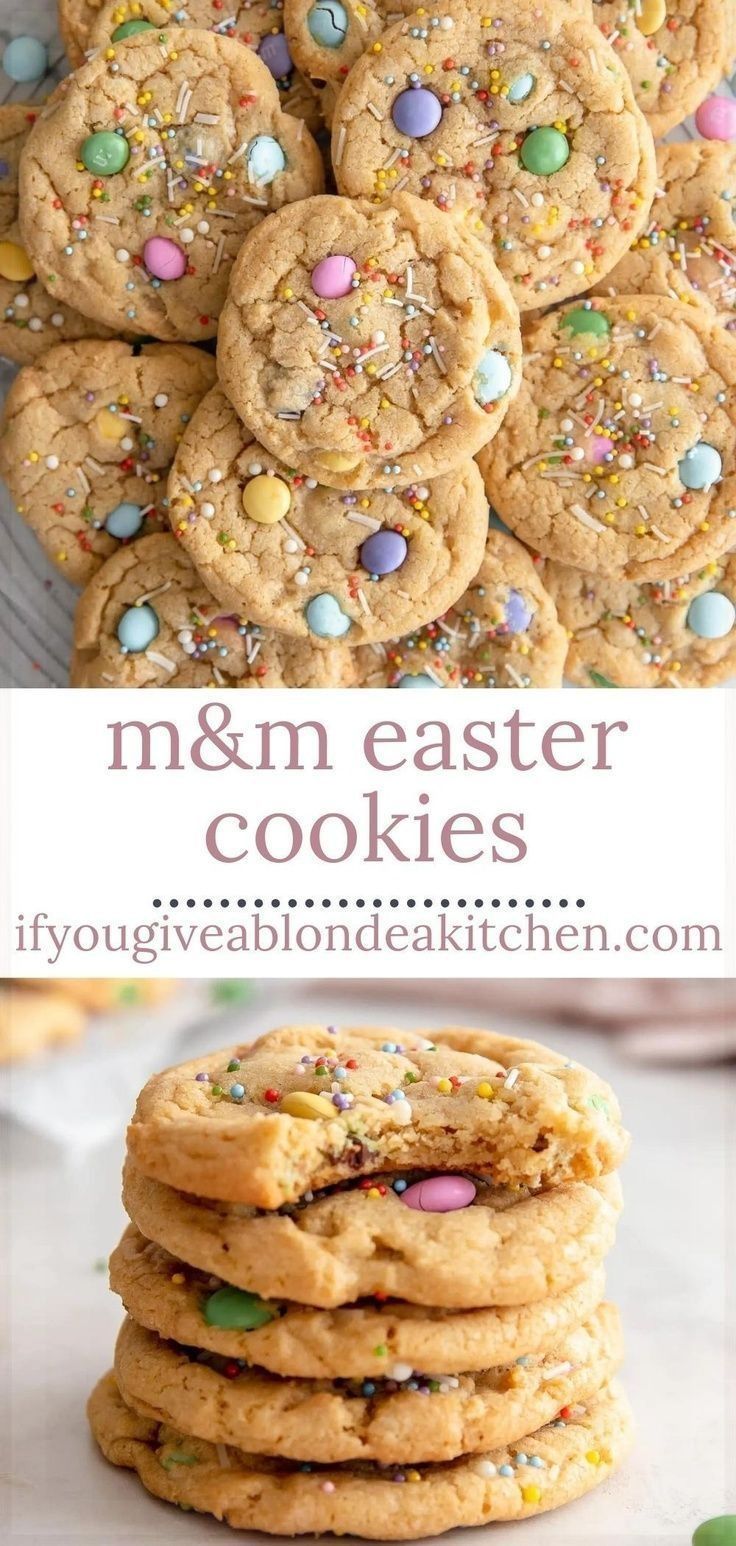 a stack of cookies with sprinkles on top and the words m & m easter cookies above it