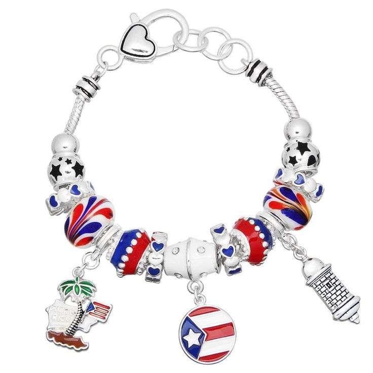 Puerto Rico Bracelet Charm Sliding Bead Lighthouse Flag Palm Tree Silver Heart Casual Beach Jewelry With Heart Beads, Casual Adjustable Charm Bracelet With Heart Beads, Casual Silver Bracelet With Heart Beads, Adjustable Casual Heart Charm Bracelet, Casual Silver Jewelry With Heart Beads, Casual Silver Beaded Bracelets For Vacation, Bracelet Charm, Silver Heart, Palm Tree