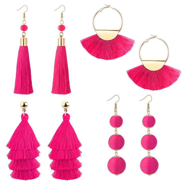 PRICES MAY VARY. 4 PAIRS TASSEL EARRING SET：Tiered tassel earring,ball dangle earrings, fan shape tassel earrings and long tassel earrings, this bohemian tassel earrings set will be the most street style and win more compliments for you. HOT PINK TASSEL EARRING SET: 4Pairs different designs white tassel earrings come as a set, you could choose your style to be the focus, light as feather, more comfortable for wearing,popular with women. A stylish accessory which shows your charm. MATERIAL OF DRO Pref Dresses, Earrings With Tassels, White Tassel Earrings, Pink Tassel Earrings, Tassel Earring, Focus Light, Jewelry Making Earrings, Cartilage Earrings Hoop, Paper Earrings