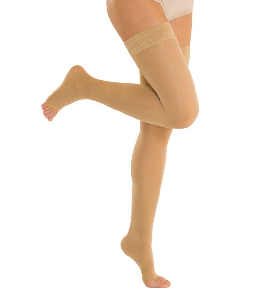 Traditional Compression Thigh High 25/32mmHg - Open Toe - Solidea Medical Beige Stretch Over-the-knee Stockings, Beige Fitted Full-length Legwear, Tight Thigh-high Beige Legwear, Tight Beige Thigh-high Legwear, Beige Thigh High Legwear, Fitted Beige Knee-high Stockings, Beige Stretch Knee-high Legwear, Beige Stretch Knee-high Stockings, Beige Tight Short Leg Legwear