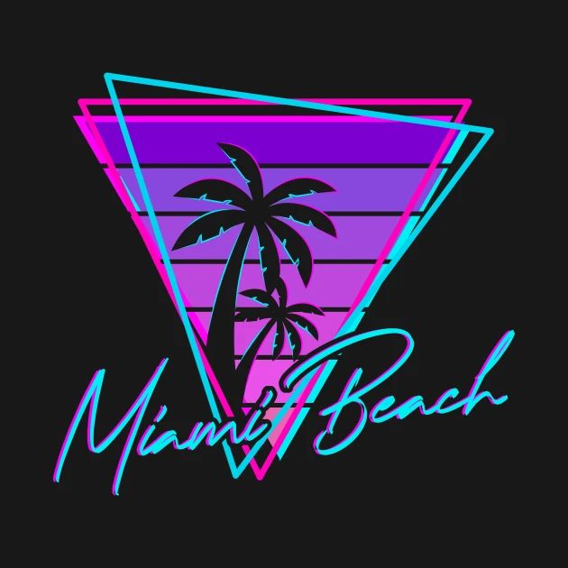 the miami beach logo is shown in purple, blue and pink on a black background