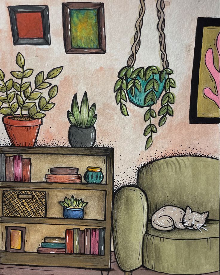 a drawing of a cat sleeping on a chair in front of a book shelf with plants