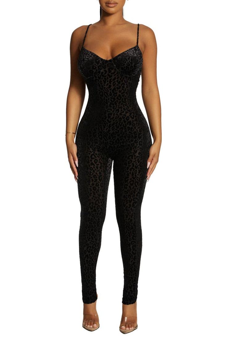 Details: Women Jumpsuit Black Leopard Skinny Backless Spaghetti Straps Sheer See Through Underwire Velvet Sleeveless Bustier Jumpsuit, Fierce Animals, Mesh Jumpsuit, Leopard Black, Women Jumpsuit, Velvet Jumpsuit, Naked Wardrobe, Jumpsuit Black, Black Leopard