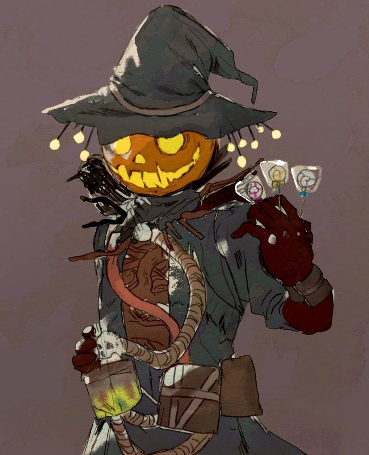 a drawing of a scarecrow wearing a witch hat and holding a card in his hand