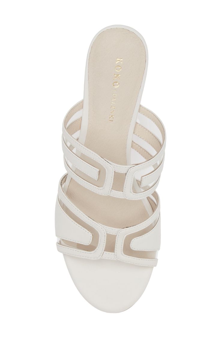 Elaborately cutout straps with transparent windows lend geometric flair to a smooth leather slide sandal lifted by an ultraslender stiletto heel. 3" heel (size 7) Leather and synthetic upper/leather lining/leather sole Imported Leather Slide Sandals, Leather Slides, Sandal Women, Stiletto Heel, Slide Sandals, Smooth Leather, White Leather, Stiletto Heels, Womens Sandals