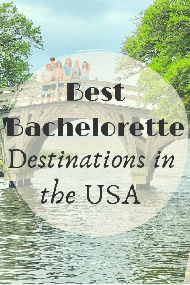 a bridge with the words best bachelor destinations in the usa on it and people standing on top