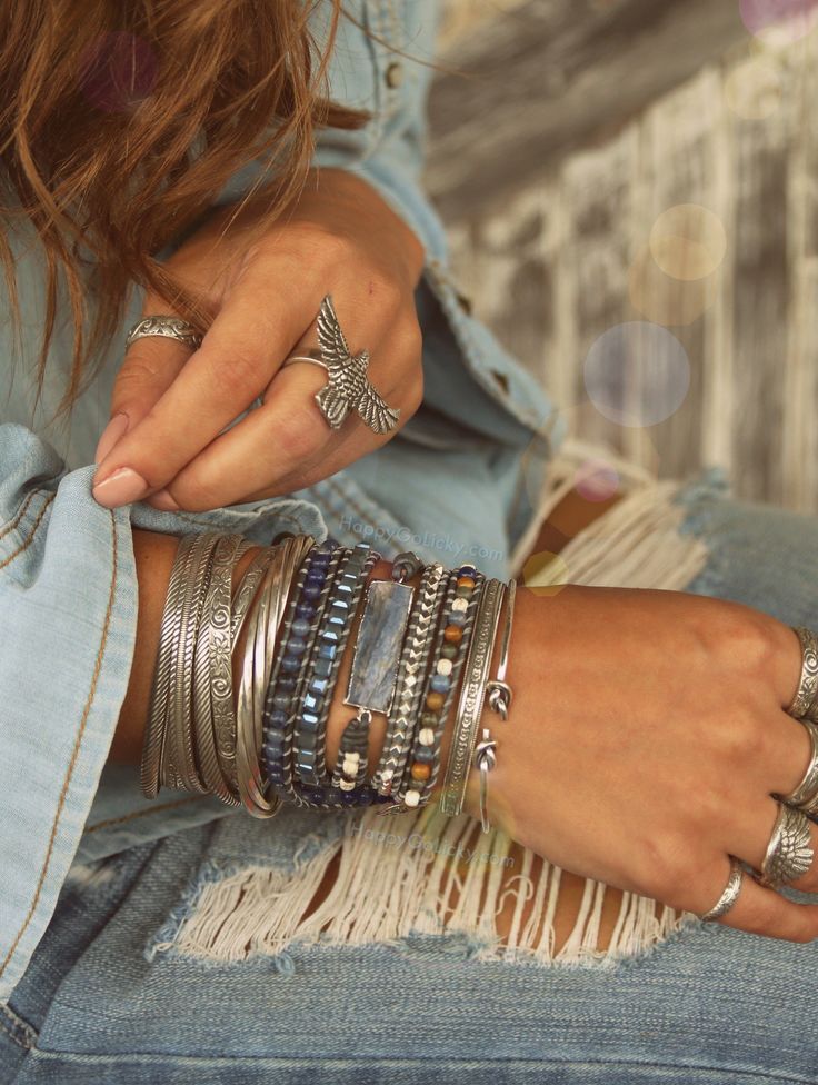 CLICK pic and apply coupon code PIN15 to save 15% on wrap bracelets and stacking bangles by HappyGoLicky Bangle Photography, Mundo Hippie, Bohemian Schick, Bracelets Outfit, Collar Hippie, Boho Bracelets Stack, Kyanite Bracelet, Stacking Bangles, Bracelets Boho