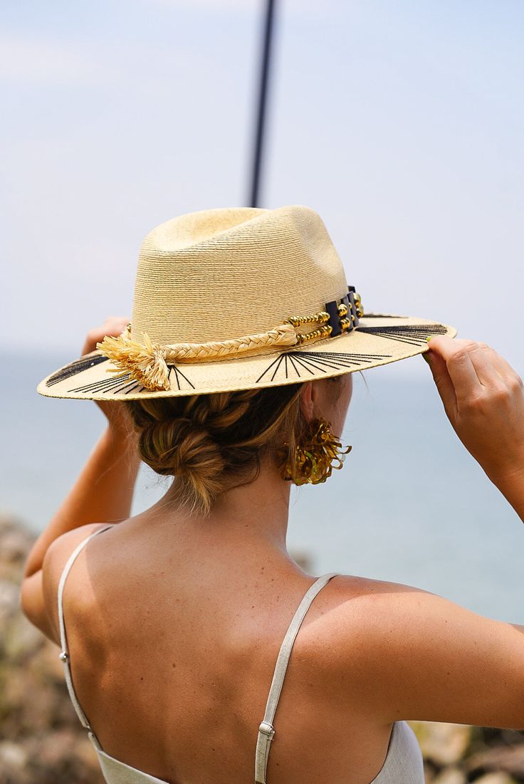 Natural Palm Wide Brim Hat with Complex Left Agave/Fan Design (Black). Optional Cowhorn Hat Bands are handcrafted in Uganda, Africa and made to order. Custom designed and hand made hats by artisans in San Jose Del Cabo, Mexico. These hats are one size fits most with an elastic band inside to add comfort and fit for all head sizes. Each hat has a 3-4 week turnaround. Please note, all hats come with natural braid unless custom braid is purchased. Adjustable Toquilla Straw Sun Hat With Structured Crown, Artisan Fedora Panama Hat For Kentucky Derby, Vacation Hat With Structured Crown, Handmade Brimmed Boater Hat In Toquilla Straw, Adjustable Woven Hat With Structured Crown, Handmade Toquilla Straw Boater Hat, Handmade Fedora Panama Hat In Toquilla Straw, Artisan Fedora Straw Hat For Kentucky Derby, Kentucky Derby Straw Hat With Structured Crown