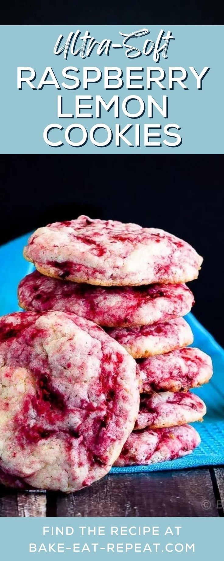 raspberry lemon cookies stacked on top of each other with the title overlay