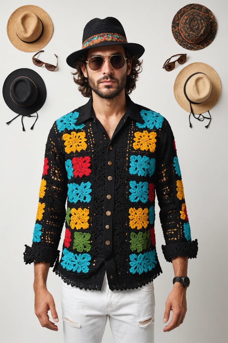 Black Crochet Men's Shirt  Please select the style according to the numbers in the photo. 🎉🛍️ Get Ready for a Delightful Treat! 🛍️🎉 🌟 30% OFF SALE HAS BEGUN! 🌟 Step into a world of style with our exclusive sale. Grab your favorites now and save big while stocks last! 🚚 Shipping Details: 🕒 Estimated Delivery: 2-5 Business Days 🚀 Express Shipping on ALL Orders: US  CAN  UK  EU  UK 🇬🇧 See more of our Men's knit shirts here:  https://www.etsy.com/shop/CHANDAKA?ref=seller-platform-mcnav&se Black Long Sleeve Shirt For The Beach, Black Long Sleeve Shirt For Vacation, Granny Square Mens Shirt, Crochet Button Up Shirt Men, Crochet Male Shirt, Crochet Men’s Button Up, Crotchet Men’s Shirt, Knitted Jackets Women, Crochet Men