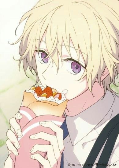 an anime character eating food while holding a drink