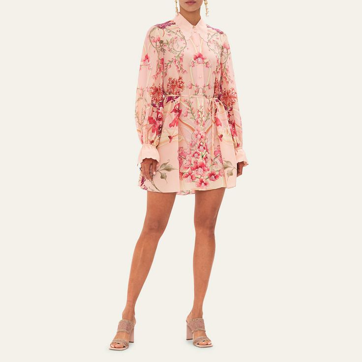 Camilla floral-print shirtdress with crystal accents and crochet trim on the collar Point collar; button placket Long blouson sleeves Self-tie cinches the waist Mini length Shift silhouette Silk Imported Crochet Trim, Shirtdress, Tops Designs, Floral Prints, Trim, Luxury Fashion, Silk, Collar, Crochet