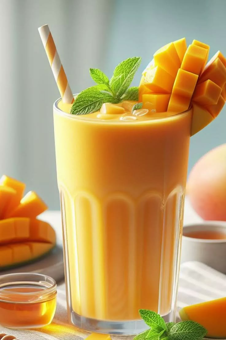 a glass filled with orange juice next to sliced peaches