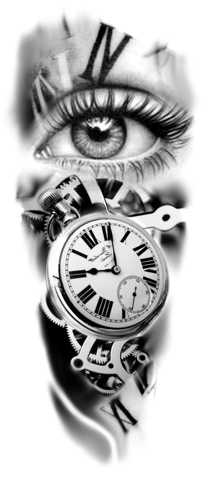 an eye and clock are shown in this black and white photo, with the reflection of another person's eye