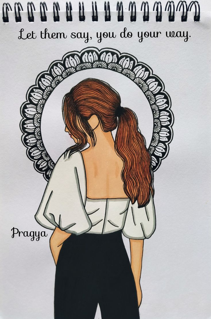 a drawing of a woman with her back to the camera and words written on it