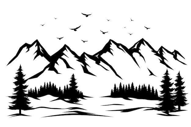 a mountain scene with trees and birds flying over it