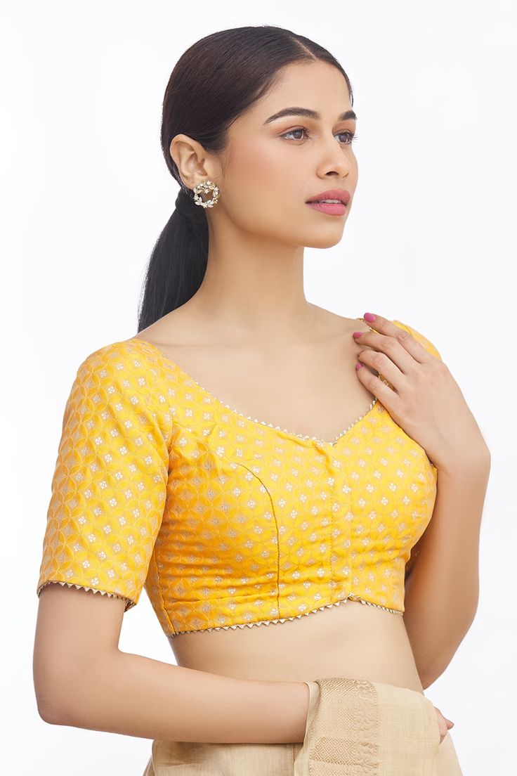 Buy Nazaakat by Samara Singh Yellow Art Silk Floral Woven Saree Blouse Online | Aza Fashions Saree Blouses Online, Ladies Blouse Designs, Elegant Blouse Designs, Traditional Indian Outfits, Unique Blouse Designs, Saree Blouse Designs Latest, Stylish Blouse Design, Unique Blouse, Bridal Blouse Designs